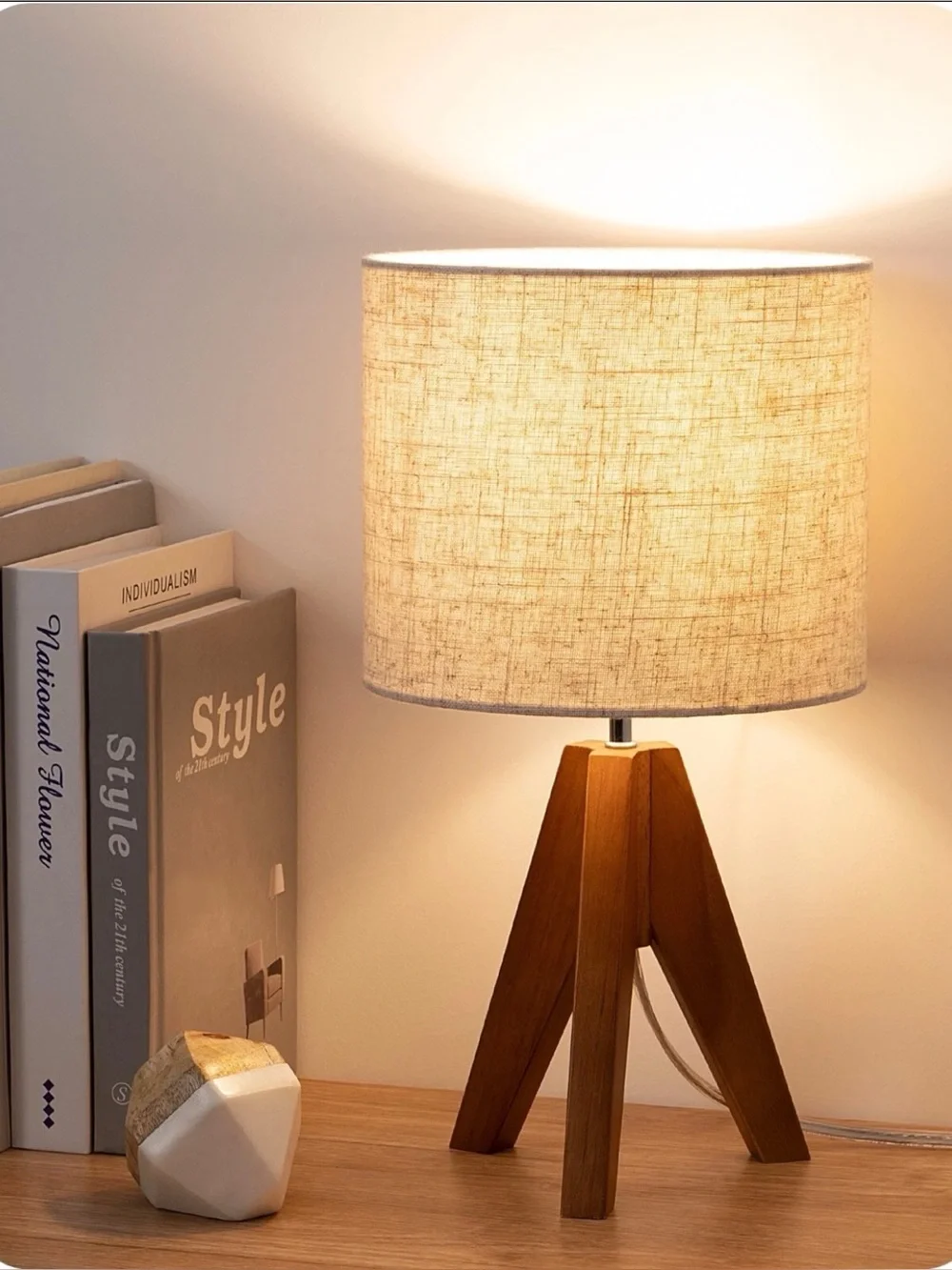 EDISHINE Wood Tripod Small Table Lamp Nightstand Lamp Linen Beige Lampshade